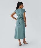 Breezeful™ V Neck Short Sleeve Side Pocket Tie Back Quick Dry Midi Casual Dress-Longer Length