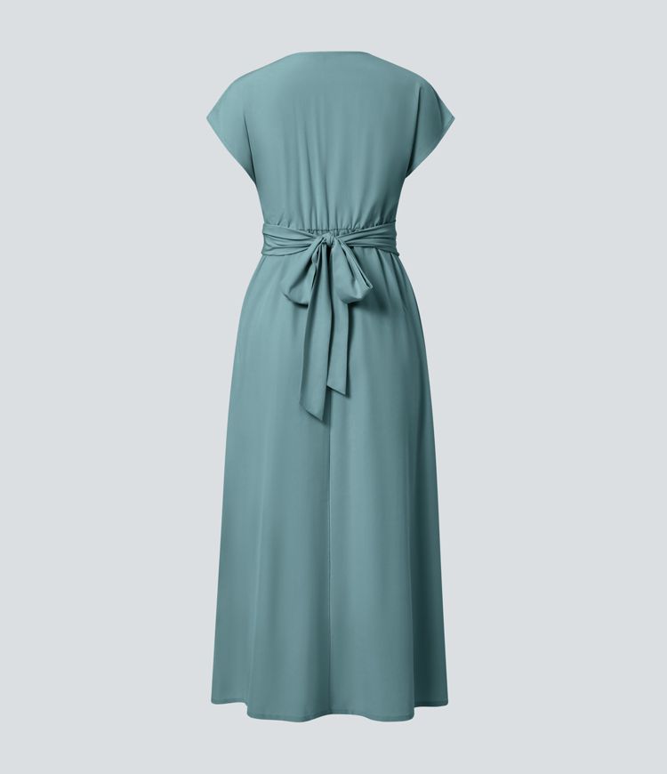 Breezeful™ V Neck Short Sleeve Side Pocket Tie Back Quick Dry Midi Casual Dress-Longer Length