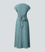 Breezeful™ V Neck Short Sleeve Side Pocket Tie Back Quick Dry Midi Casual Dress-Longer Length