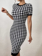 Monochrome Houndstooth Midi Dress
