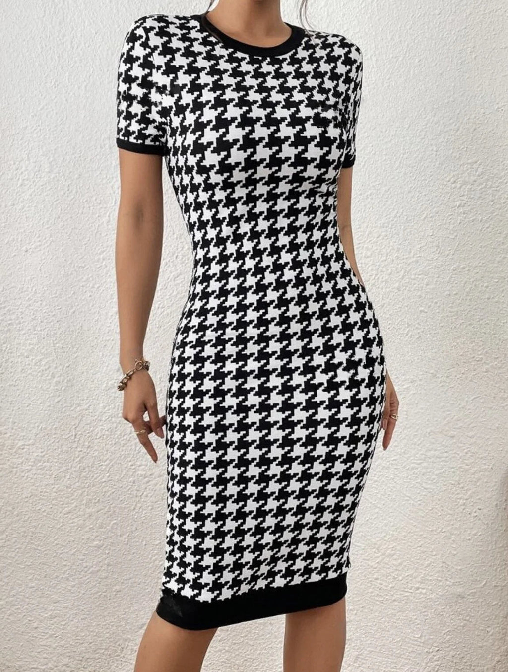 Monochrome Houndstooth Midi Dress