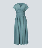 Breezeful™ V Neck Short Sleeve Side Pocket Tie Back Quick Dry Midi Casual Dress-Longer Length